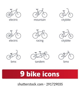 Bike icons: vector set of simple thin line bicycle signs. Outline series.