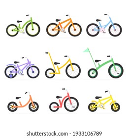 Bike Kids Icon Set. Different Bicycles Colorful Collection. Various Multicolor Child Bikes Group. Vector Illustration Isolated On White