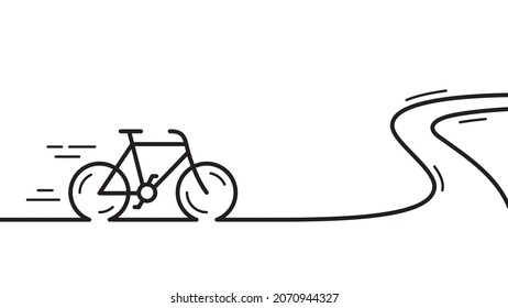 Bike line banner. Bicycle road tour background. Cyclist journey travel illustration. Mountain active transport. Lifestyle sport bike. Bicycle race winding road. Outdoor adventure biking. Vector