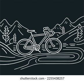 Bike line banner. Bicycle road tour background. Cyclist journey travel illustration. Mountain active transport. Lifestyle sport bike. Bicycle race winding road. Outdoor adventure biking. Vector