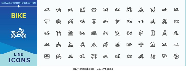 Bike linear icon set. Contain linear sign motor, bicycle, transportation, cycle and more. Cycle icon collection. Modern linear icons. Editable vector stroke.