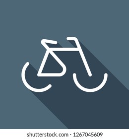 Bike logo, simple bicycle, outline linear icon. White flat icon with long shadow on blue background