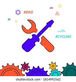 Bike maintenance and repair filled line vector icon, simple illustration, related bottom border.