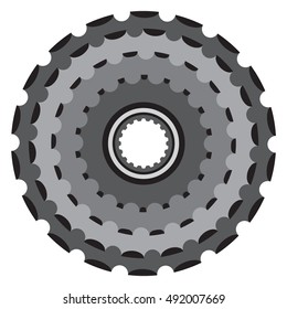 Bike metallic cogwheel, bicycle crankset cassette in flat vector style.