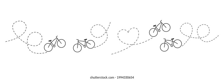 Bike mileage set. Bicycle and route group. Travel destination symbol. Vector isolated on white