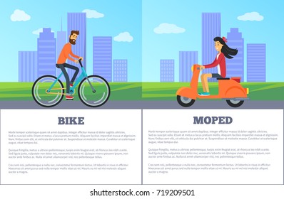 Bike and moped comparing of two personal types of transport. Vector illustration with bicyclist and girl on scooter on city background