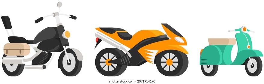 Bike and motorbike flat vector illustration set. Motorized transport on two wheels. Motorcycle and scooter, bike and moped. Motocross and delivery retro and modern vehicles side view vector icons