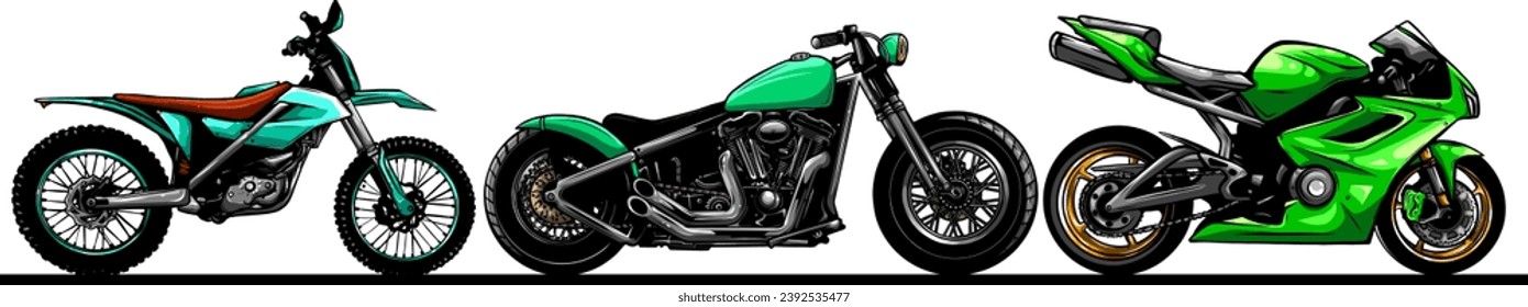 Bike and motorbike flat vector illustration set. Flat vector illustration. Isolation on white background