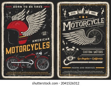 Afiches antiguos para bicicletas y motocicletas. Motores personalizados, piezas y tarjetas vectoriales vintage de servicio para el club de ciclistas. Garaje para motocicletas Retro, diseño clásico de chopper antiguo y casco alado y gruta de rueda