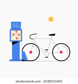 Bike with navigation kiosk in flat vector illustration symbolizing urban transportation, cycling, and way finding, isolated on white background.