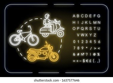 Bike neon light concept icon. Cheap transportation, affordable travel means, road trip idea. Outer glowing sign with alphabet, numbers and symbols. Vector isolated RGB color illustration