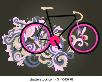 Bike on the background of multi-colored threads. For postcards and posters .