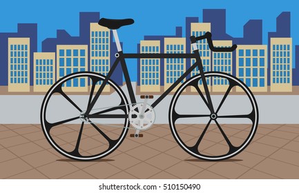 Bike on City | Editable flat style fixed gear bicycle in urban life environment vector illustration