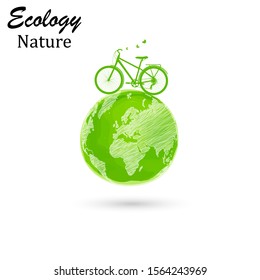 Bike on a globe. Drawn black and white logo in doodle style. Recycling symbol. Green. Environmentally friendly world. Vector illustration of ecology. Hand. Handmade. Ecological concept. Infographics.