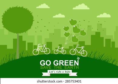 Bike on mountain. Green city. Save world concept. Vector illustration. 