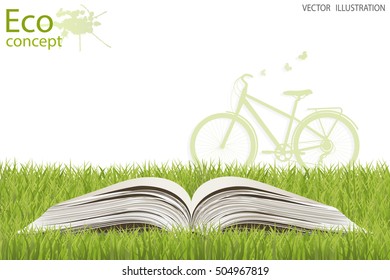 Bike on an open book.  Environmentally friendly world. Vector illustration of ecology concept info graphic.