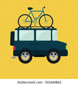 Bike on the roof of 4x4 car. Yellow background.