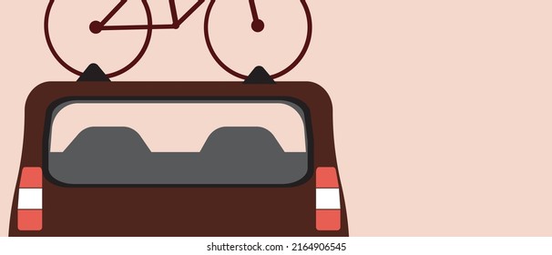 Bike is packed on roof of car. Copy space template for design. Flat vector stock illustration for overlay. Transportation of sports equipment