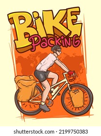 bike packing. bicycle touring with panier luggage carrier by world map vector illustration