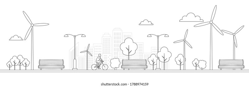 Bike in a park with bench and recycle bin. Line icons. Healthy sustainable lifestyle concept. Recreation and relaxation in the city. Black outline on white background. Vector illustration, clip art