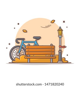Bike in Park with Bench, Street Lamp Vector Illustration. Happy Autumn. Autumn Icon Illustration. Autumnal. Flat Cartoon Style Suitable for Web Landing Page, Banner, Flyer, Sticker, Card, Background