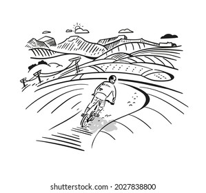 Bike park, cyclist at beginning of track. Landscape among hills, mountains. Hand draw vector illustration.