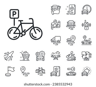 Cartel del parque de bicicletas. Iconos de esquema de plano, cadena de suministro y ubicación de sitio. Icono de la línea de estacionamiento para bicicletas. Símbolo de lugar de transporte público. Señal de la línea de estacionamiento para bicicletas. Transporte de taxis, alquiler de un icono de bicicleta. Vector