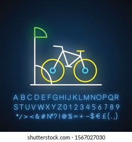 Bike parking neon light icon. Bicycle rack. Sport activity. Eco transport. City biking. Apartment amenities. Glowing sign with alphabet, numbers and symbols. Vector isolated illustration