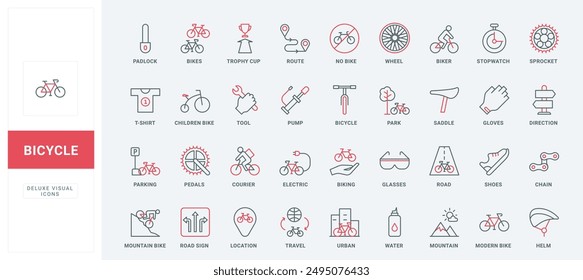 Bike parking and race, cyclist accessories and tools, city transport line icons set. Electric and mountain bike, active leisure, road signs thin black and red outline symbols vector illustration