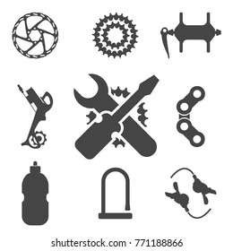 Bike Parts, Accessories, Repair and Maintenance Vector Silhouette Icon Set. Disc Brake, Cassette, Hub, Rear Derailleur, Chain, Bottle, Lock and Shifters.