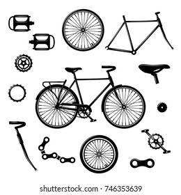 Bike parts. Bicycle equipment and components isolated vector set. chain and pedal illustration