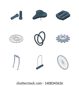 Bike parts. Bicycles components mechanical saddle fork crank seat hub vector isometric icons collection. Illustration of bicycle component isometric, bike saddle and cog wheel