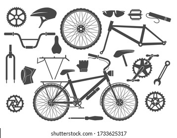 Bike parts isolated. Bicycle part set, pedal and brakes, tire and hub, crank and gears, cycling graphics vector illustration