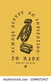 bike pedals print - always accept an invitation to ride - grunge bicycle illustration