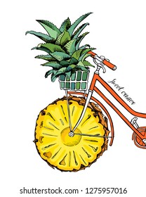 Fahrrad mit Ananas-Rad. Sweet Cruiser - Zitat schreiben. Humorkarte, T-Shirt Komposition, handgezeichneter Stildruck.  Vektorgrafik.