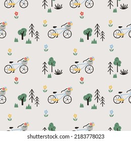 Patrón transparente de bicicletas y plantas