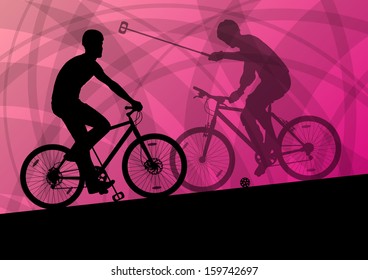 Bike polo game players active men cyclists bicycle riders sport silhouettes detailed vector background illustration