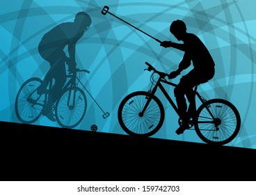 Bike polo game players active men cyclists bicycle riders sport silhouettes detailed vector background illustration