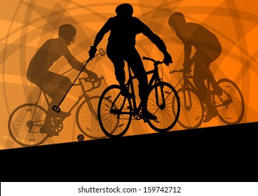 Bike polo game players active men cyclists bicycle riders sport silhouettes detailed vector background illustration