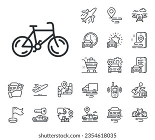 Bike public transportation sign. Plane, supply chain and place location outline icons. Bicycle transport line icon. Driving symbol. Bicycle line sign. Taxi transport, rent a bike icon. Vector