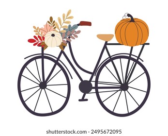 Bike with pumpkins and autumn forest leaves isolated on white background. Seasonal Autumn vibes design for greeting cards, web or poster