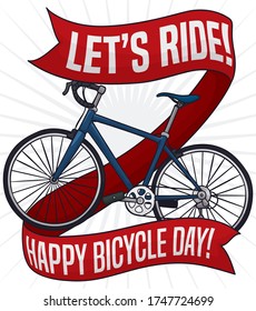 Bike with red ribbons  around it, inviting at to you to ride and celebrate a happy Bicycle Day.