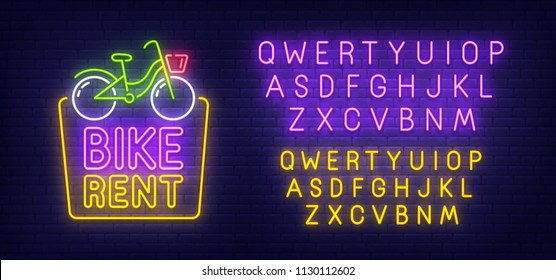 Bike rent neon sign, bright signboard, light banner. Bike logo. Neon sign creator. Neon text edit