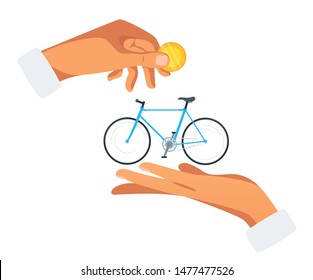 Bike rent, purchase vector illustration. Hands holding golden coin and cycle. Buyer with money, salesman with vehicle. Sports store customer buying transport . Bicycle sale, rental business
