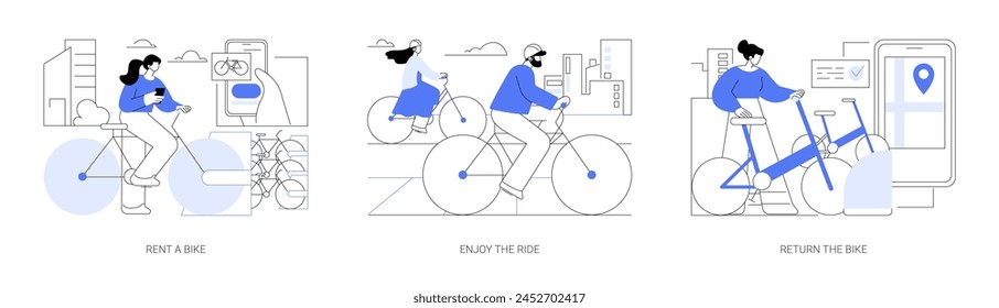 Alquiler de bicicletas App aislado conjunto de Ilustraciones vectoriales de dibujos animados. Persona que alquila la bicicleta con la aplicación del teléfono inteligente, pareja feliz disfruta del viaje, vuelta a la estación, caricatura del Vector del transporte de la ciudad inteligente.