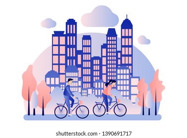 Bike rental. Background the city with skyscrapers. Flat cartoon style. Vector illustration