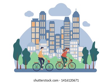 Bike rental. Background the city with skyscrapers. Flat cartoon style. Vector illustration