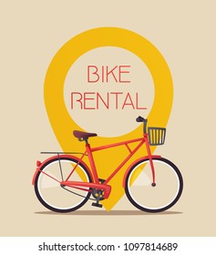 Bike rental. Bicycle sign for web or print. Cartoon vector illustration