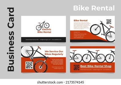 Bike rental business card set vector illustration. Commercial rent service city vehicle transportation sport electric bicycle branding identification template. Transport sharing shop marketing promo
