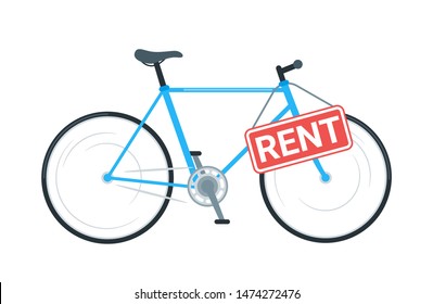 Bike rental business vector illustration. Modern bicycle sharing service. Cruiser cycle with sign board. City travel, urban transportation. Borrowing, lending eco friendly vehicle for leisure, pastime